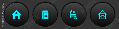 Set Veterinary medicine hospital, Bag of food for cat, Certificate dog and Dog house icon. Vector