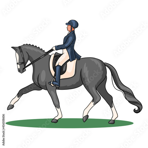 Horse Riding Woman Riding Dressage Horse in Cartoon Style