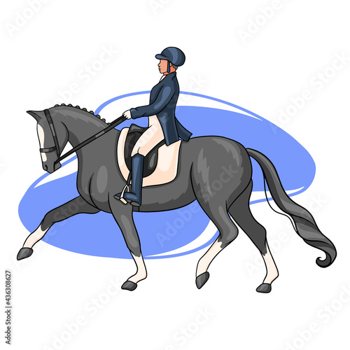 Horse Riding Woman Riding Dressage Horse in Cartoon Style