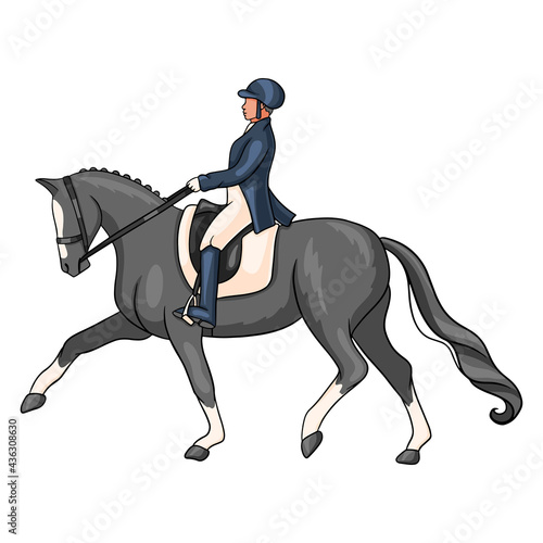 Horse Riding Woman Riding Dressage Horse in Cartoon Style