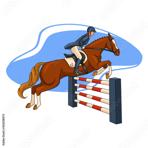 Horseback Riding Woman Riding a Horse Over an Obstacle in Cartoon Style