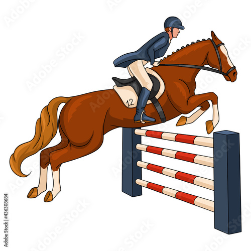 Horseback Riding Woman Riding a Horse Over an Obstacle in Cartoon Style