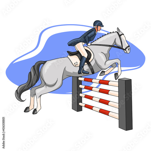 Horseback Riding Woman Riding a Horse Over an Obstacle in Cartoon Style