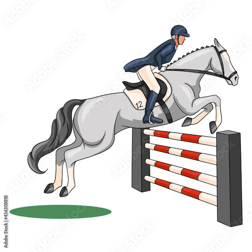 Horseback Riding Woman Riding a Horse Over an Obstacle in Cartoon Style