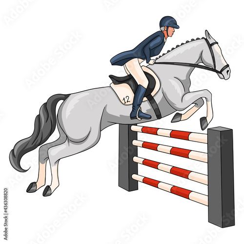 Horseback Riding Woman Riding a Horse Over an Obstacle in Cartoon Style