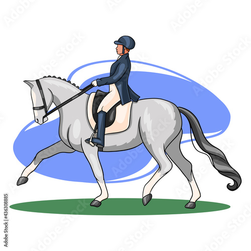 Horse Riding Woman Riding Dressage Horse in Cartoon Style