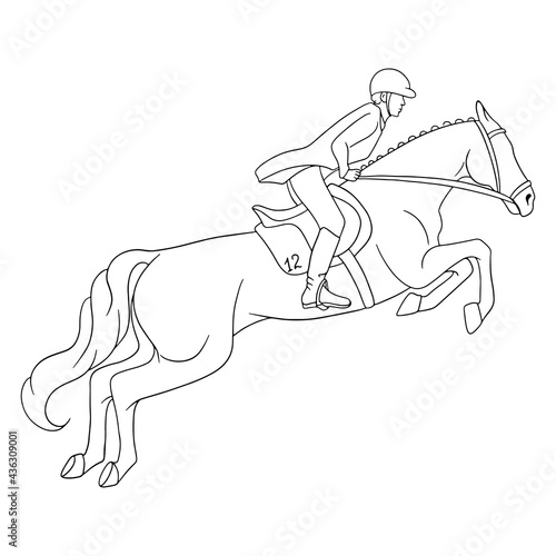 Horseback Riding Woman Riding Horse Jumping Over Obstacle Line style