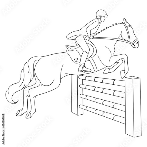 Horseback Riding Woman Riding Horse Jumping Over Obstacle Line style