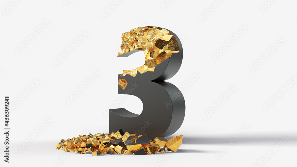 damaged black number 3 reveals gold inside. 3d illustration, suitable ...