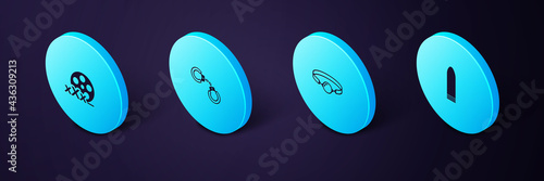 Set Isometric Dildo vibrator, Silicone ball gag, Sexy fluffy handcuffs and Film reel with icon. Vector