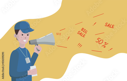 The guy shouts into a megaphone. The organizer announces Promotions. Promotion through a megaphone. Loudspeaker announcement. Vector flat illustration. Isolated background.