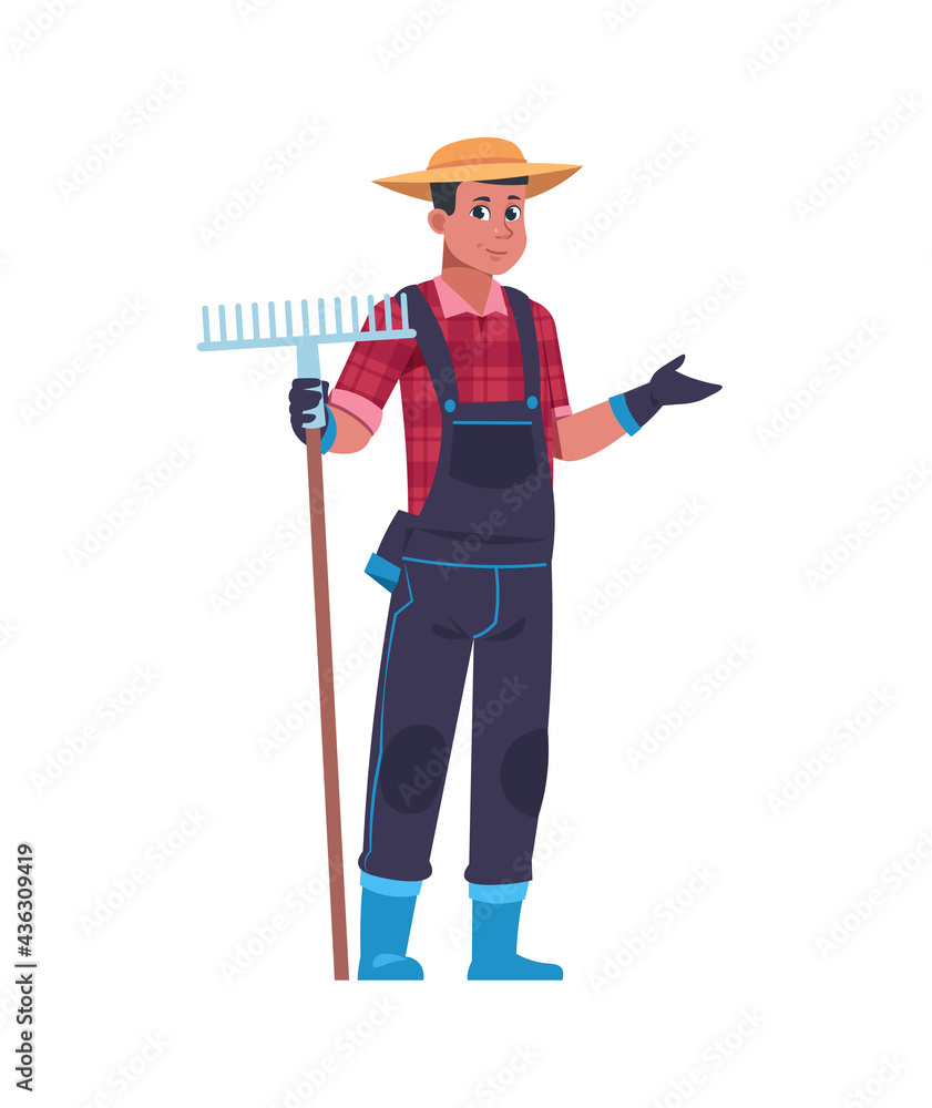 Farmer with rake. Cartoon man holding gardening equipment. Isolated standing male wears work uniform and hat. Agricultural worker harvesting. Metal farming instrument. Vector gardener