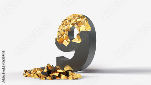 damaged black number 9 reveals gold inside. 3d illustration, suitable for typewriting, letter, and alphabet themes.