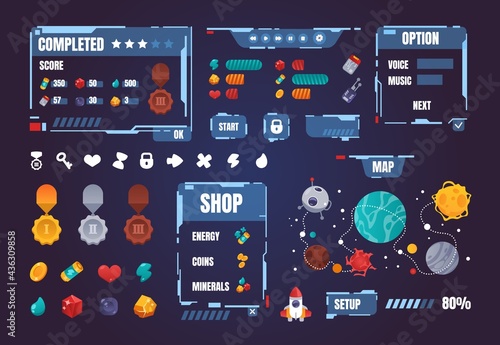 Game UI kit. Cartoon interface menu elements. Buttons and progress bars set. Award medals. Space arcade indicators. Map with planets and rocket way. Vector isolated GUI symbols set photo