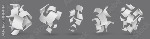 Falling paper. Realistic flying pages. Blown away 3D white sheets. Clear paperwork letters. Group of isolated curved empty documents set. Vector loose soar of notes with curled edges