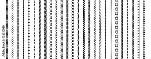 Chain. Seamless jewelry. Black necklaces silhouettes. Bijouterie contour link connection mockup. Precious straight chainlets set. Decorative wire template. Vector metal border elements