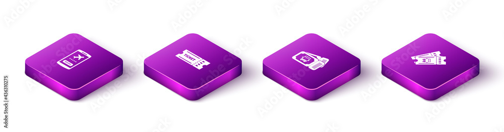 Set Isometric Mobile with ticket, Ticket, Bus and icon. Vector Set Isometric Mobile with ticket, Ticket, Bus and icon. Vector
