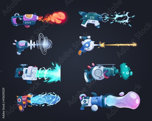 Futuristic guns. Cartoon game weapon shoots laser beam or plasma. Isolated blaster attack with flame stream or lightning bolts. Space combat weaponry set. Vector fictional handguns