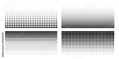 Halftone dot pattern. Comic pop art textures. Black and white geometric half tone templates set. Perforated covers. Borders with gradient from round and square points. Vector background