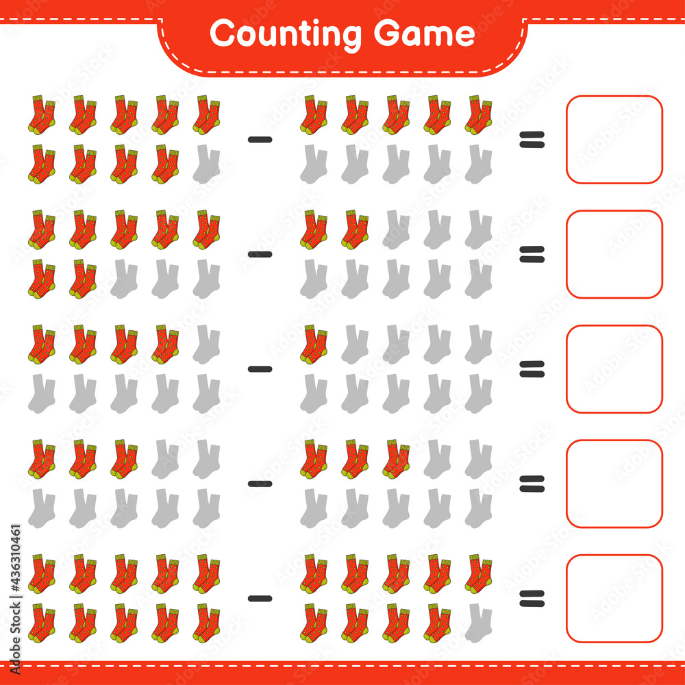 Counting game, count the number of Socks and write the result. Educational children game, printable worksheet, vector illustration