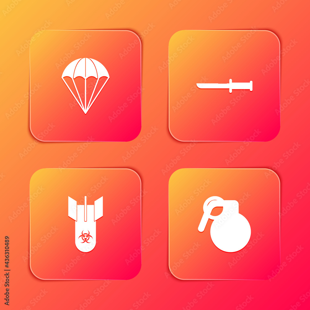 Set Parachute, Military knife, Biohazard bomb and Hand grenade icon. Vector