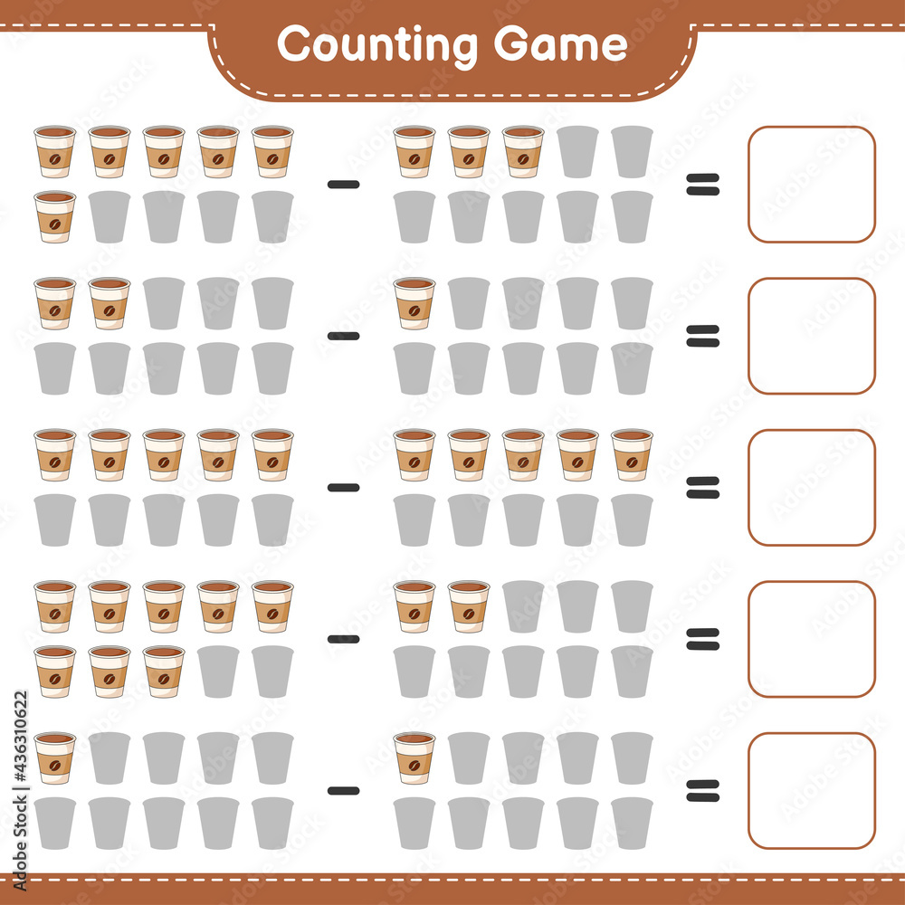 Counting game, count the number of Coffee Cup and write the result. Educational children game, printable worksheet, vector illustration Counting game, count the number of Coffee Cup and write the result. Educational children game, printable worksheet, vector illustration