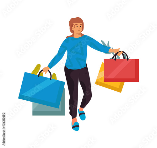 Shopping. Cartoon woman holding bags. Female carrying purchases. Young character walking with store handbags. Isolated customer buys food and clothes in shop. Vector consumer concept