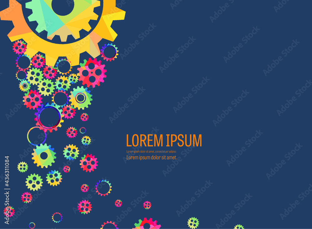 Abstract techno gear background with geometric colorful gear wheels. Space for gear text. Vector gears modern mechanism industrial concept. Technology gears background. Gears Vector illustration 