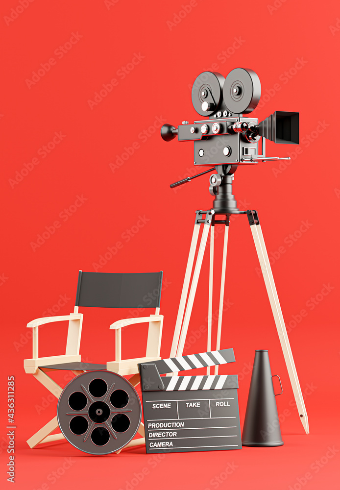 Obraz premium 3d render of retro movie camera with reel film, clapper board, director Chair, megaphone