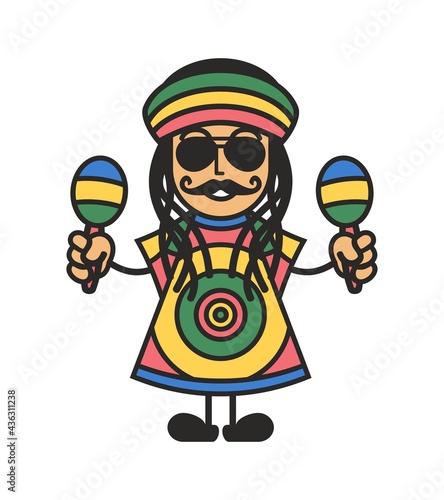 Dreadlocks man cute character wearing eyeglasses, slouchy beanie, maracas, and costume with rastafari flag color. Best for mascot, poster, sticker, or logo of reggae music themes