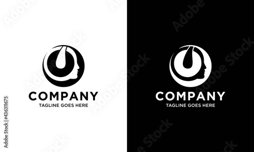 Silhouette of man with headset, man with headphones and microphone. Technical support, call center, customer support logo.