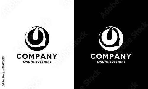 Silhouette of man with headset, man with headphones and microphone. Technical support, call center, customer support logo.
