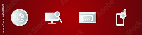 Set Phone call, Computer monitor diagnostics, Mail and e-mail and Mobile service icon. Vector