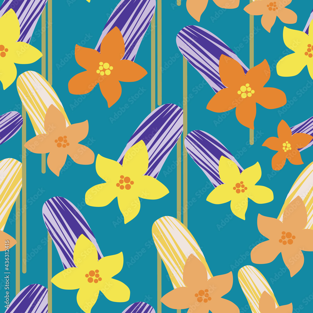 Blue with yellow and orange whimsical bell flowers seamless pattern background design. Blue with yellow and orange whimsical bell flowers seamless pattern background design.