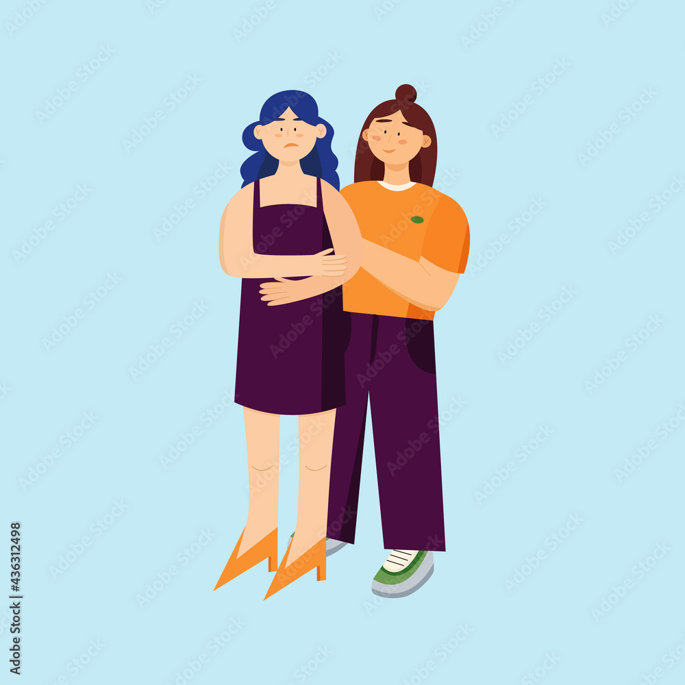 Two girls are standing. The person supports the other. Vector flat illustration 
