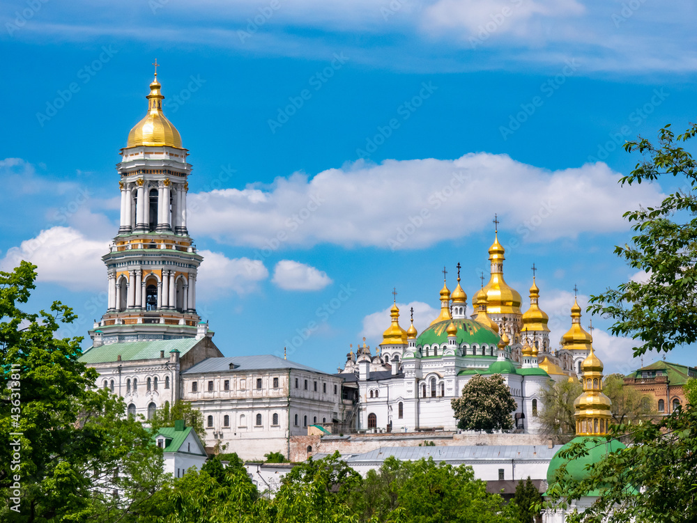 Kiev Pechersk Lavra, details of the exterior of internal buildings and cathedrals and the park.