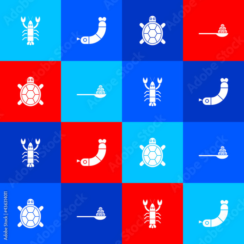 Set Lobster, Shrimp, Turtle and Caviar on a spoon icon. Vector