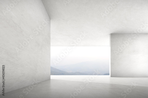 3d render of empty concrete room with large window on mountain background.