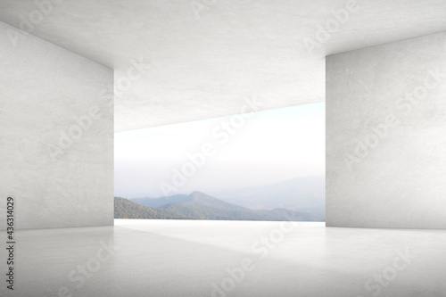 3d render of empty concrete room with large window on mountain background.