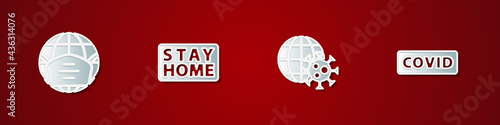 Set Earth with medical mask, Stay home, globe virus and Corona covid-19 icon. Vector