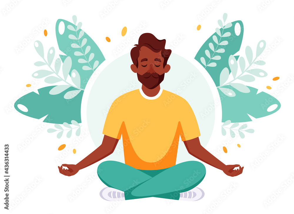 Black man meditating in lotus pose. Healthy lifestyle, yoga, relax, recreation. Vector illustration