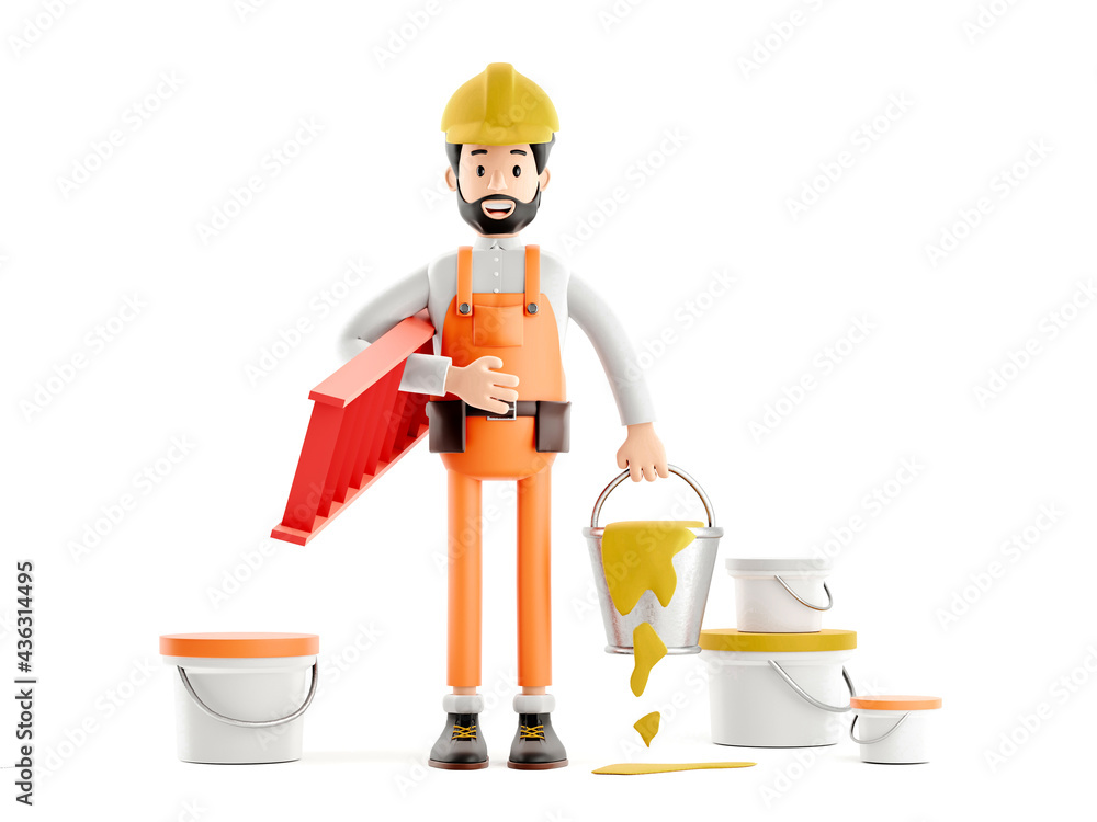 builder painter plasterer cartoon character, funny worker or engineer with  buckets of paint Stock Illustration | Adobe Stock