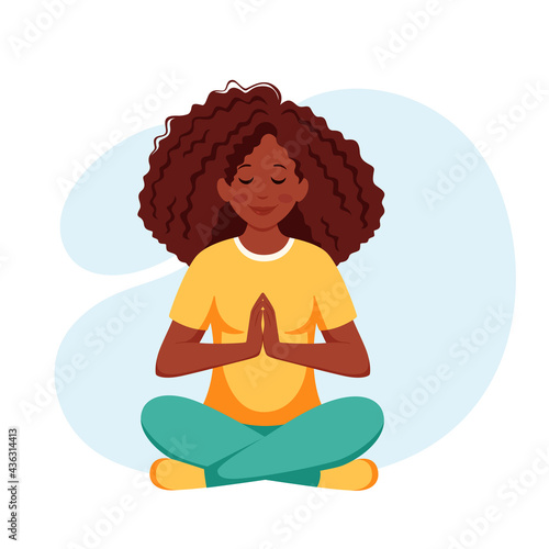 African black meditating in lotus position. Healthy lifestyle, yoga, relax. Vector illustration