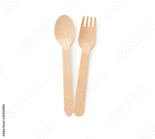 Wood paper spoon with fork on isolated white background  © chachamp