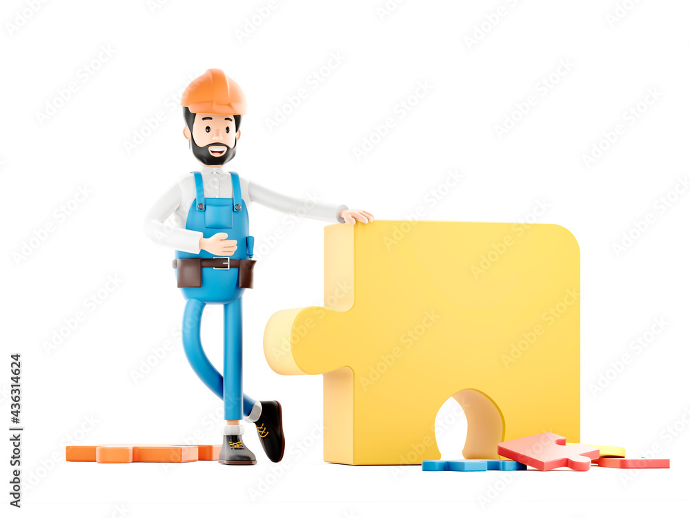 Builder cartoon character, funny worker or engineer with puzzle Builder cartoon character, funny worker or engineer with puzzle