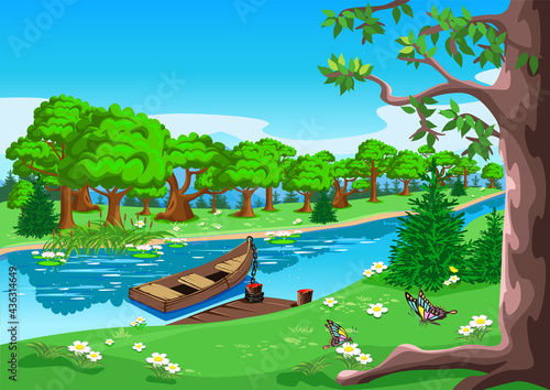 Beautiful rural landscape with a river in the reeds, trees, water lilies and a boat. The old boat is tied to the pier. Background vector illustration.