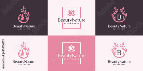 Set of abstract feminine logo design template. Beauty combine women face, flower and branch.