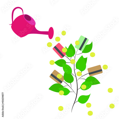 A young tree with credit cards from the watering can generously watered money. Vector Stock Illustration.