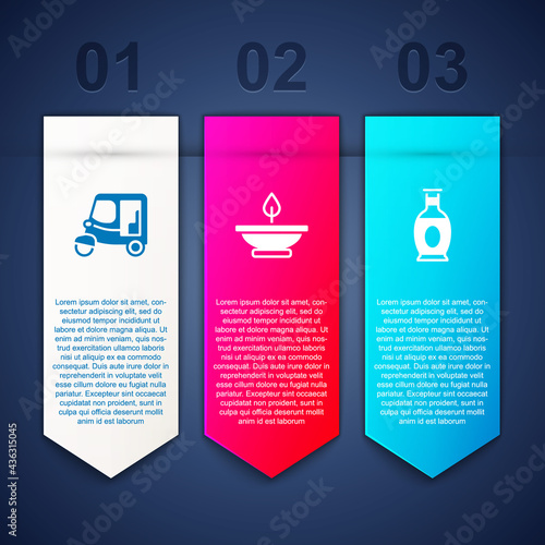 Set Taxi tuk tuk, Aroma lamp and Indian vase. Business infographic template. Vector