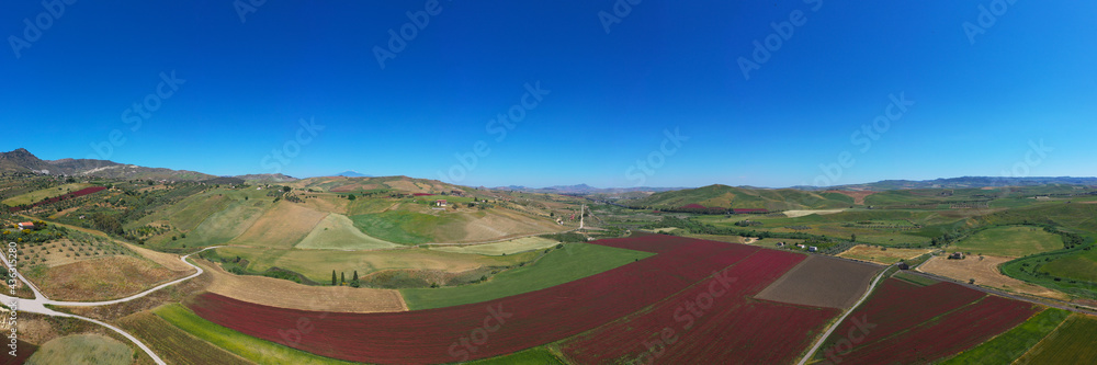 180 degrees aerial photo of the red fields in the heart of Sicily in the Erei mountains. Sulla is a fodder for animals and is sown as bare seed on wheat stubble. Sicilian wheat with a view of Etna.